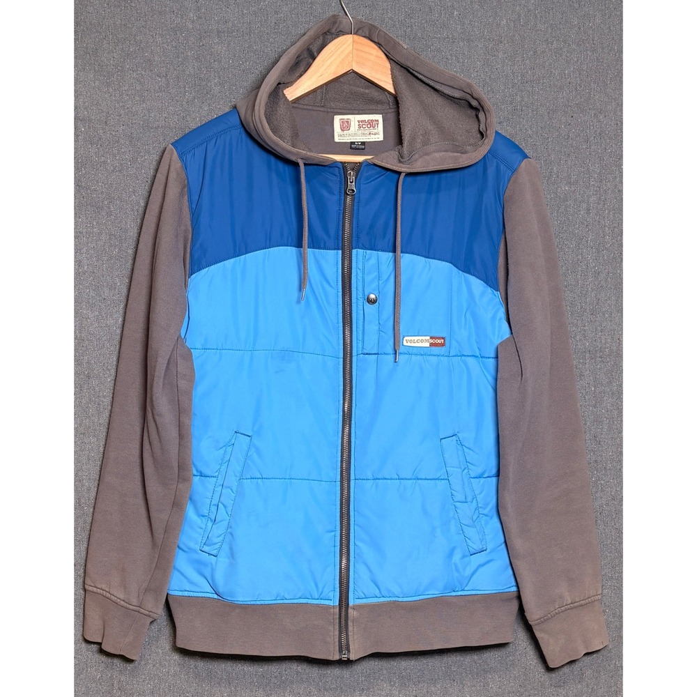 Volcom Scout Timber Lined Hooded Jacket Mens Small Blue Grey Colorblock